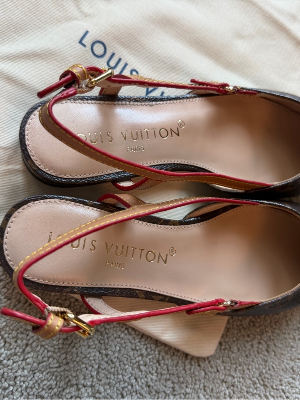 LV Monogram Pointed-Toe Slingback in Brown and Red 37 - Picture 6 of 13